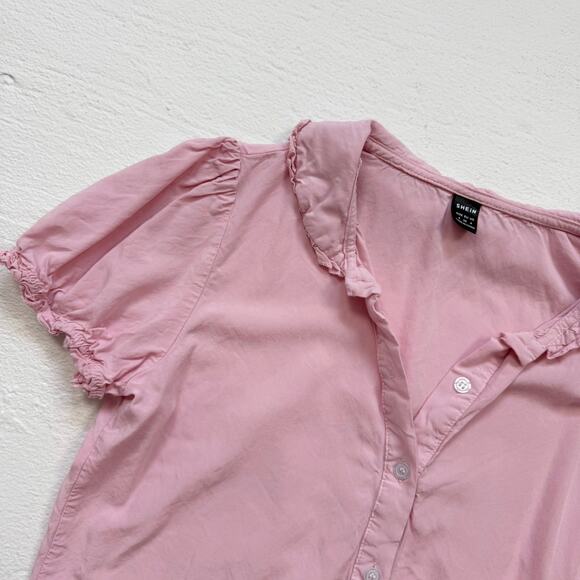 Shein Pink Ruffle Trim Button Front Crop Blouse, Size Small - Picture 2 of 7